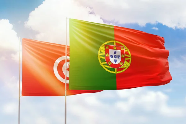 Sunny Blue Sky Flags Portugal Tunisia — Stockfoto