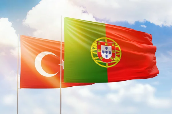 Sunny Blue Sky Flags Portugal Turkey — Fotografia de Stock