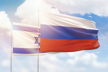 Sunny blue sky and flags of russia and israel