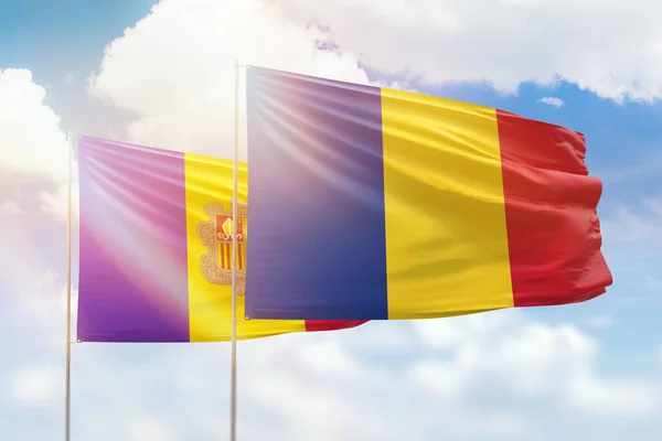 Sunny Blue Sky Flags Romania Andorra — 图库照片