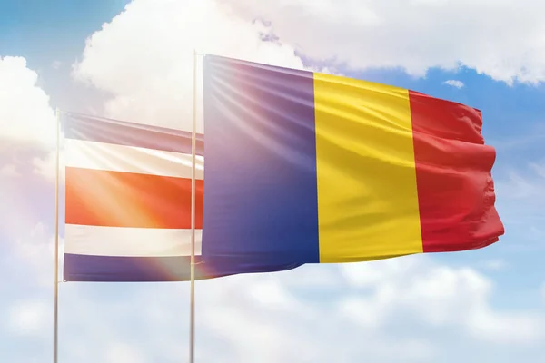 Sunny Blue Sky Flags Romania Costa Rica — Stockfoto