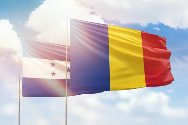 Sunny Blue Sky Flags Romania Honduras — Stockfoto