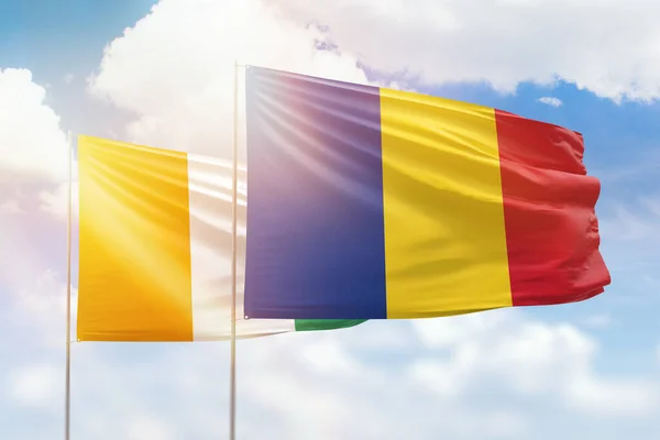 Sunny Blue Sky Flags Romania Ivory Coast — Stockfoto