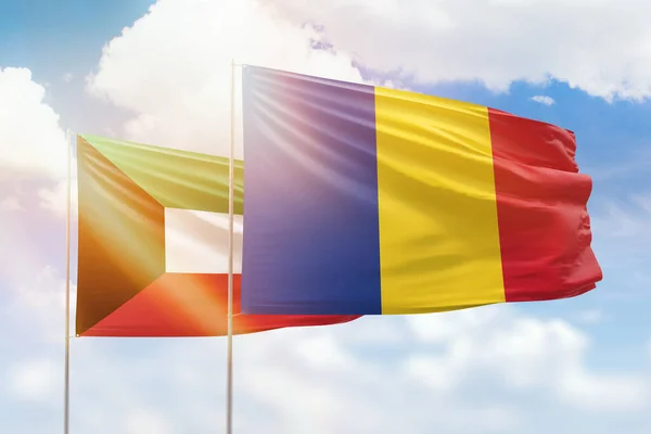Sunny Blue Sky Flags Romania Kuwait — Stockfoto