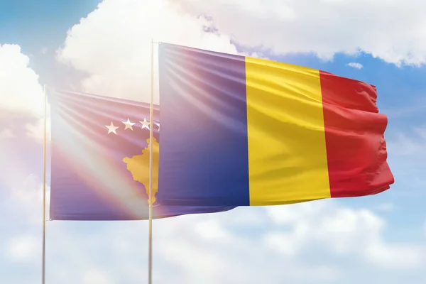 Sunny Blue Sky Flags Romania Kosovo — 图库照片