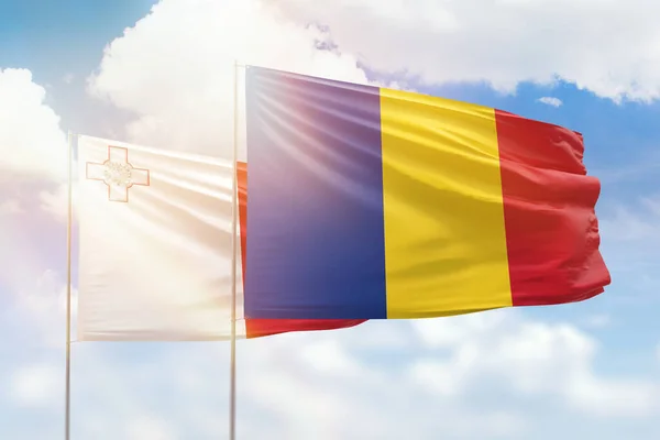 Sunny Blue Sky Flags Romania Malta — Stockfoto