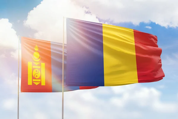 Sunny Blue Sky Flags Romania Mongolia — 图库照片