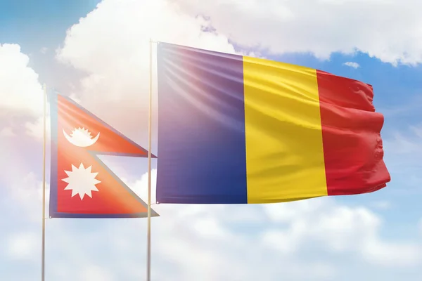 Sunny Blue Sky Flags Romania Nepal — 图库照片