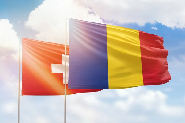 Sunny Blue Sky Flags Romania Switzerland — 图库照片