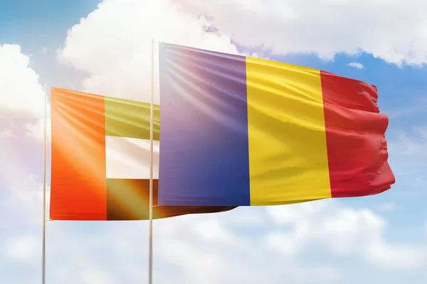 Sunny Blue Sky Flags Romania Uae — Stockfoto