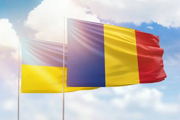 Sunny Blue Sky Flags Romania Ukraine — 图库照片