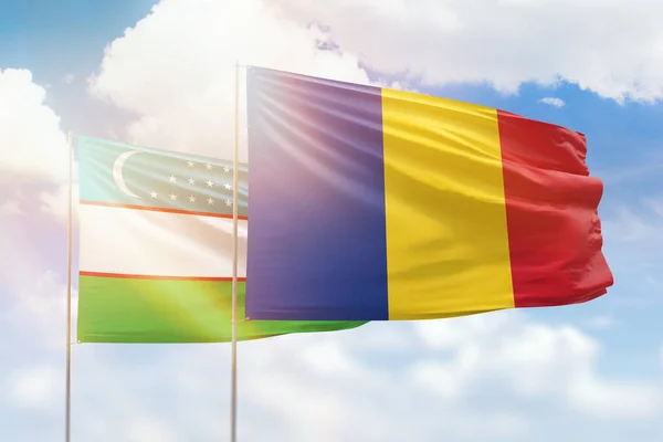 Sunny Blue Sky Flags Romania Uzbekistan — 图库照片