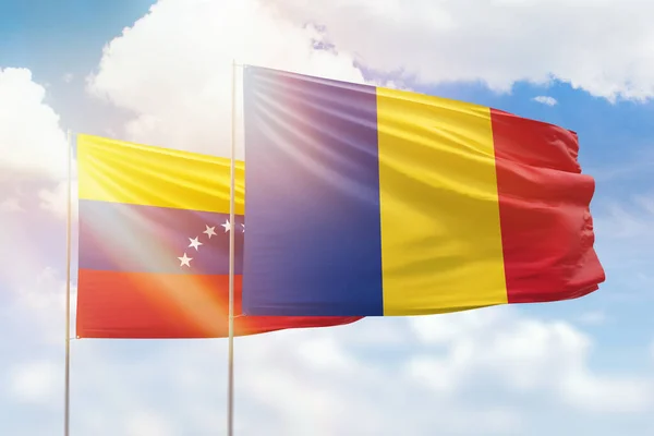 Sunny Blue Sky Flags Romania Venezuela — 图库照片