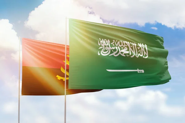 Sunny Blue Sky Flags Saudi Arabia Angola — Stock fotografie