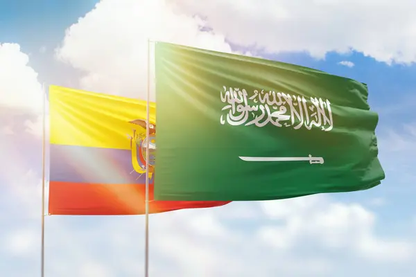 Sunny Blue Sky Flags Saudi Arabia Ecuador — Stock fotografie