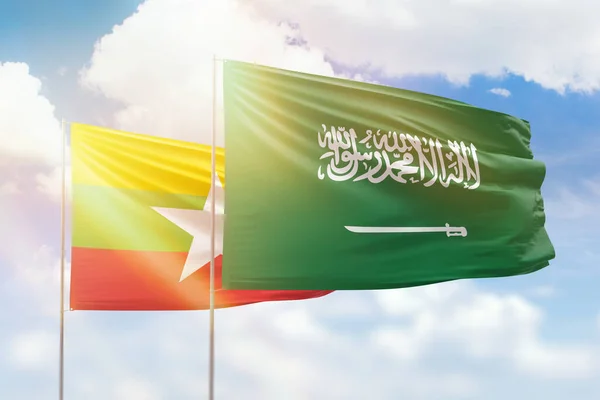 Sunny Blue Sky Flags Saudi Arabia Myanmar — Stock fotografie