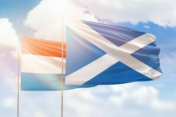 Sunny Blue Sky Flags Scotland Luxembourg — Stockfoto