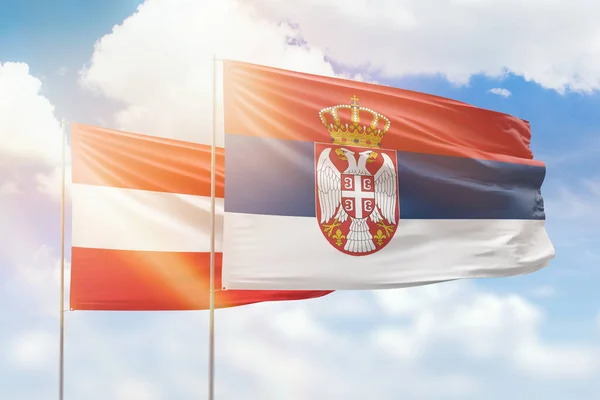 Sunny Blue Sky Flags Serbia Austria — Fotografia de Stock