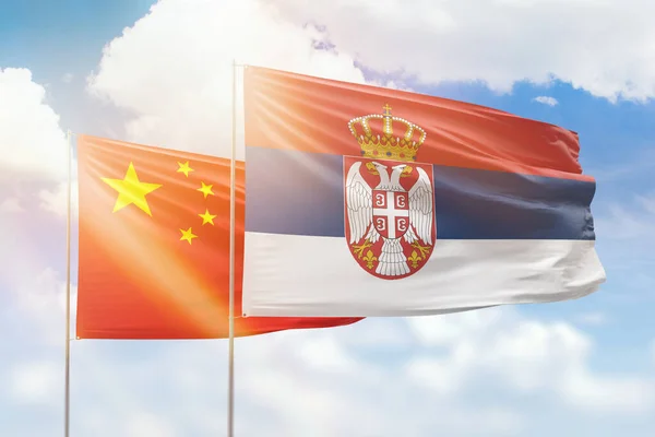 Sunny Blue Sky Flags Serbia China — Stock Photo, Image