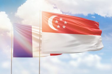 Sunny blue sky and flags of singapore and france