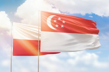 Sunny blue sky and flags of singapore and poland