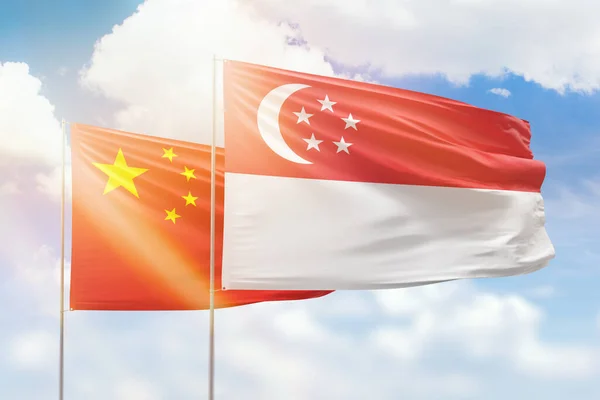 Sunny Blue Sky Flags Singapore China — Stock Photo, Image