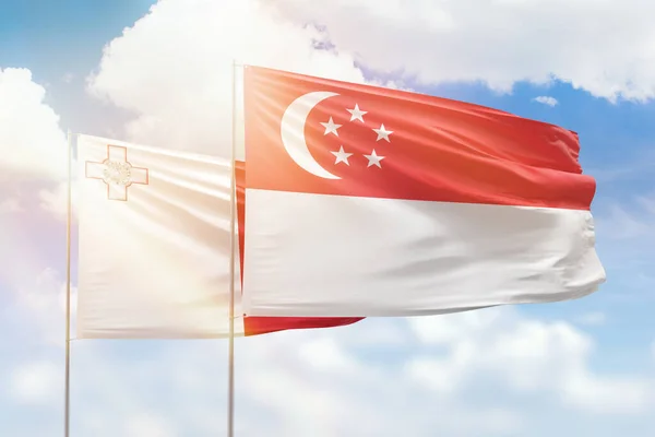 Sunny Blue Sky Flags Singapore Malta — Stock Photo, Image