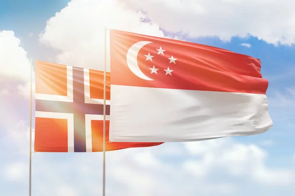 Sunny Blue Sky Flags Singapore Norway — Stock fotografie