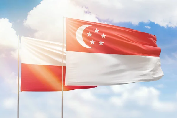 Sunny Blue Sky Flags Singapore Poland — Stock Photo, Image