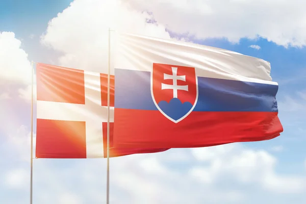 Sunny Blue Sky Flags Slovakia Denmark — Zdjęcie stockowe