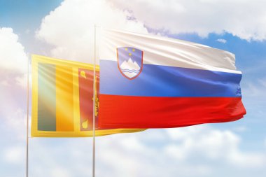 Sunny blue sky and flags of slovenia and sri lanka