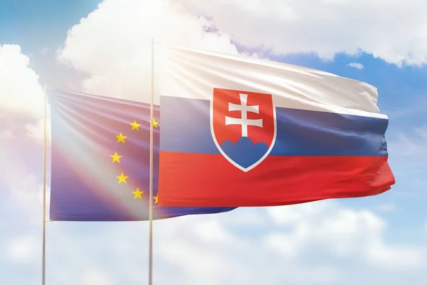 Sunny Blue Sky Flags Slovakia European Union — Zdjęcie stockowe