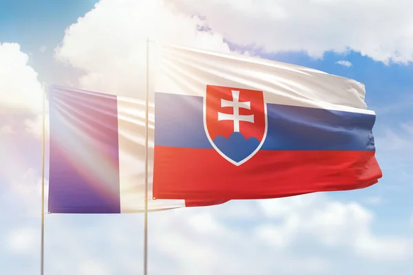 Sunny Blue Sky Flags Slovakia France — Zdjęcie stockowe