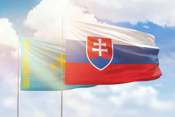 Sunny Blue Sky Flags Slovakia Kazakhstan — Photo