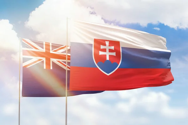 Sunny Blue Sky Flags Slovakia New Zealand — Zdjęcie stockowe