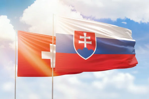 Sunny Blue Sky Flags Slovakia Switzerland — Zdjęcie stockowe