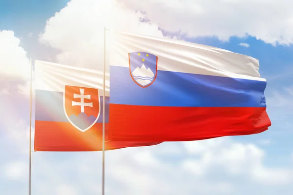 Sunny Blue Sky Flags Slovenia Slovakia — Zdjęcie stockowe