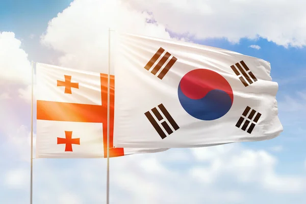 Γαλάζιος Ουρανός Και Σημαίες Της Νότιας Κορέας Και Της Γεωργίας — Φωτογραφία Αρχείου