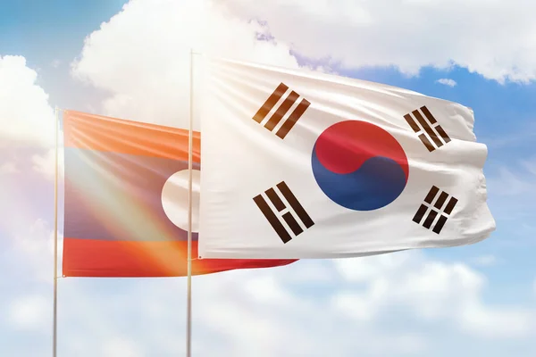 Sunny Blue Sky Flags South Korea Laos — Zdjęcie stockowe