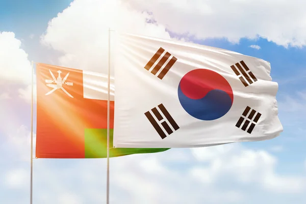 Sunny Blue Sky Flags South Korea Oman — 스톡 사진