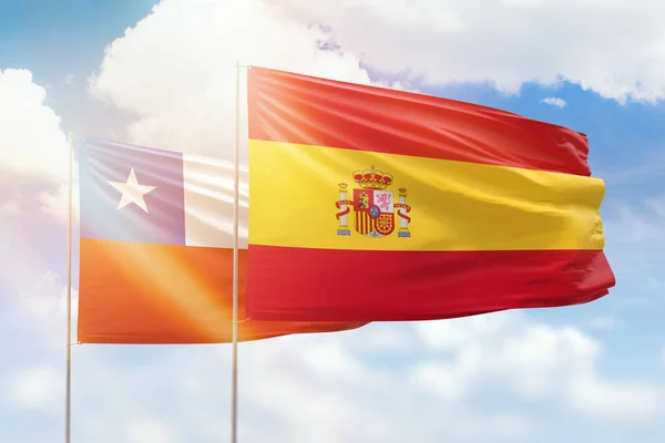 Sunny Blue Sky Flags Spain Chile — 图库照片