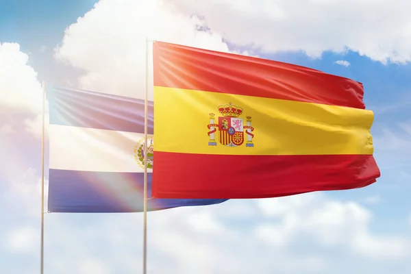 Sunny Blue Sky Flags Spain Salvador — 图库照片