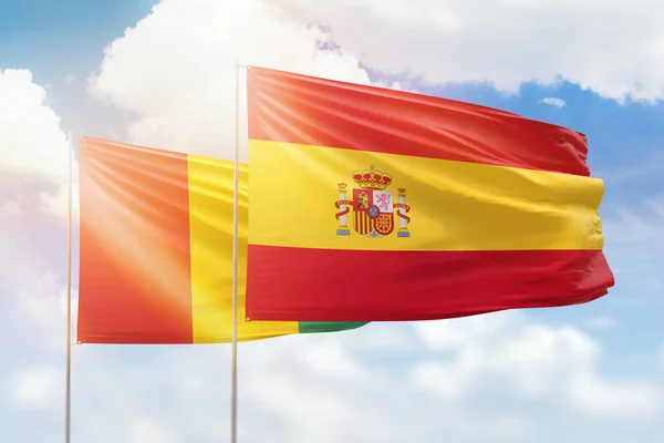 Sunny Blue Sky Flags Spain Guinea — 图库照片