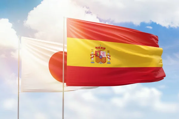 Sunny Blue Sky Flags Spain Japan — Stok fotoğraf