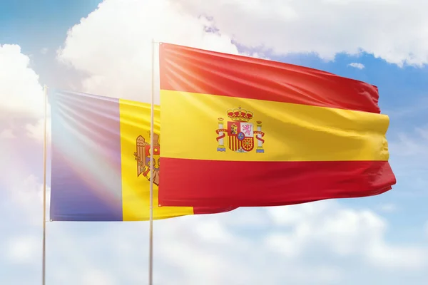 Sunny Blue Sky Flags Spain Moldova — 图库照片