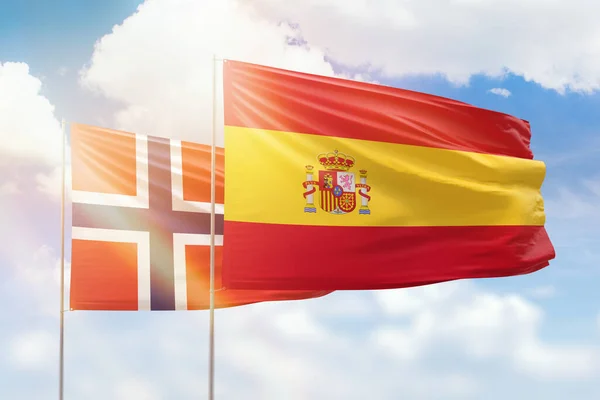 Sunny Blue Sky Flags Spain Norway — 图库照片