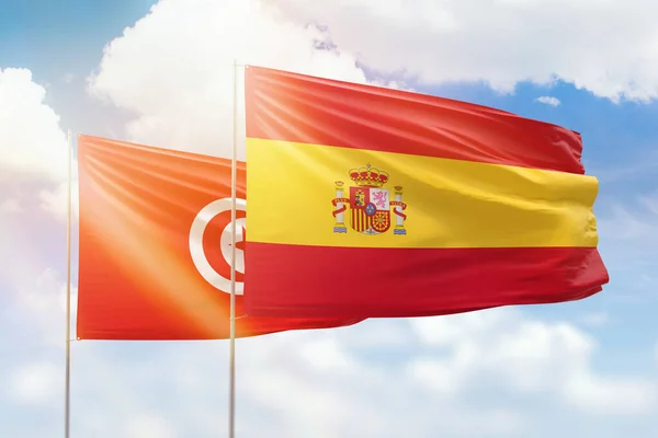 Sunny Blue Sky Flags Spain Tunisia — 图库照片