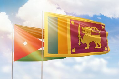 Sunny blue sky and flags of sri lanka and jordan