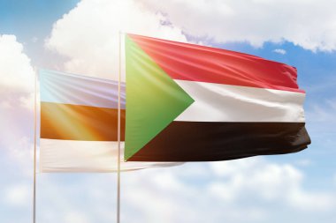 Sunny blue sky and flags of sudan and estonia