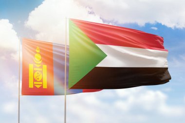 Sunny blue sky and flags of sudan and mongolia